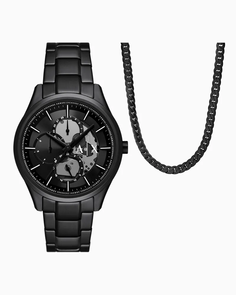 Armani Exchange Multifunction Black Stainless Steel Watch and Necklace Set Mehrfarbig