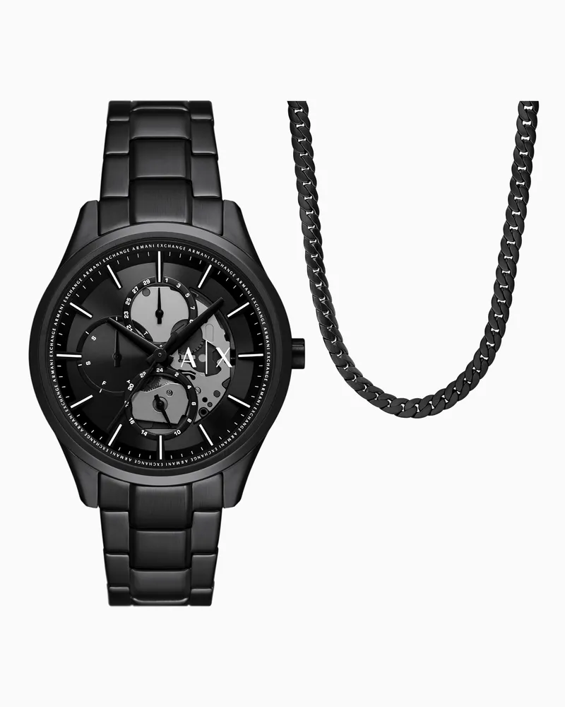 Armani Exchange Multifunction Black Stainless Steel Watch and Necklace Set Mehrfarbig
