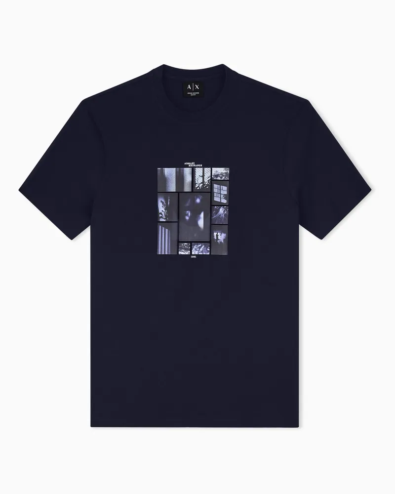 Armani Exchange Slim Fit T-Shirt aus Baumwolljersey mit grafischem Print Marineblau