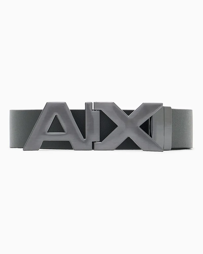 Armani Exchange Plate Belt aus glattem Leder mit gebürsteter Metallschnalle Schwarz