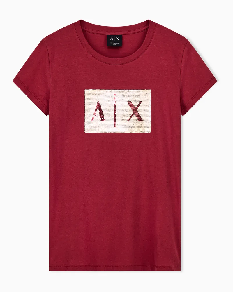 Armani Exchange T-Shirt Up For Party aus Baumwolljersey mit Logo-Patch Rot