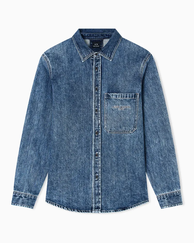 Armani Exchange Regular Fit-Hemd aus Baumwolldenim Blau