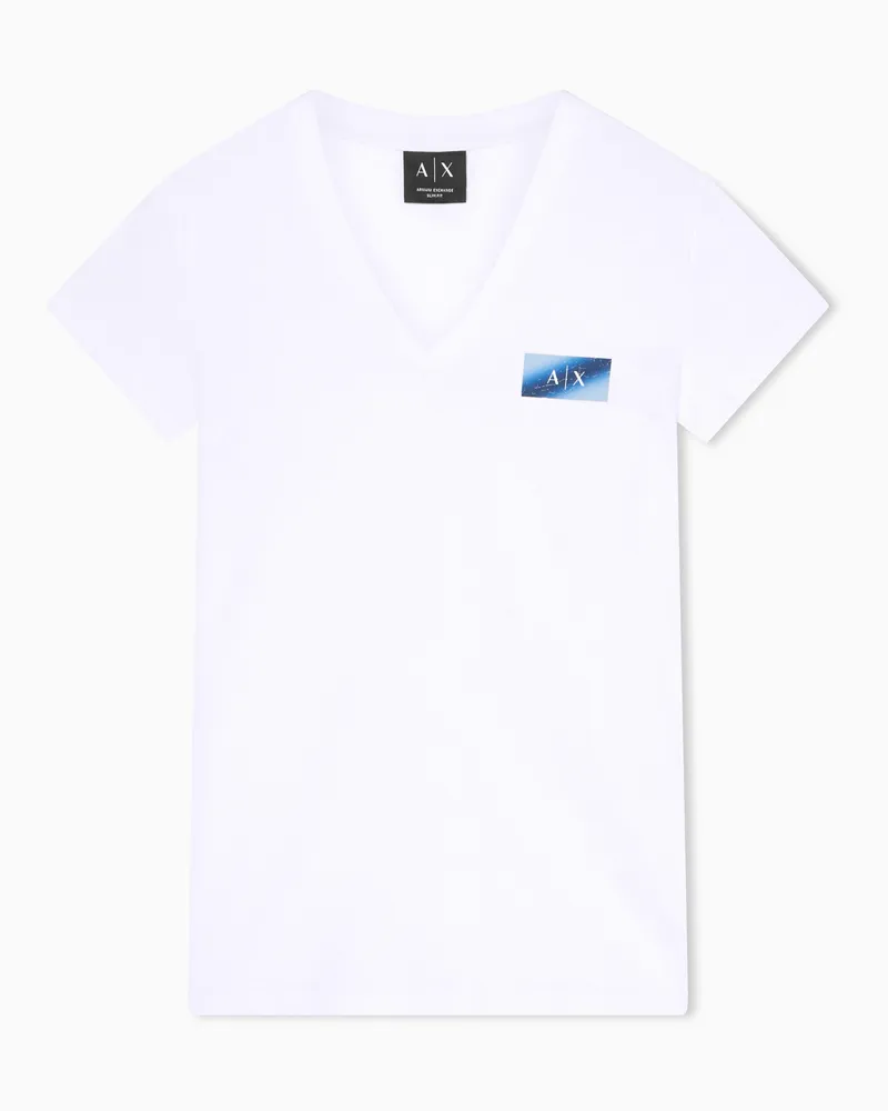 Armani Exchange Schmal geschnittenes T-Shirt aus einfarbigem Baumwolljersey Weiß