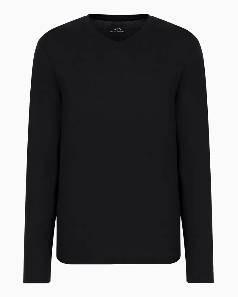 Armani Exchange Langärmliges T-Shirt aus Pima-Baumwolle mit V-Ausschnitt Schwarz