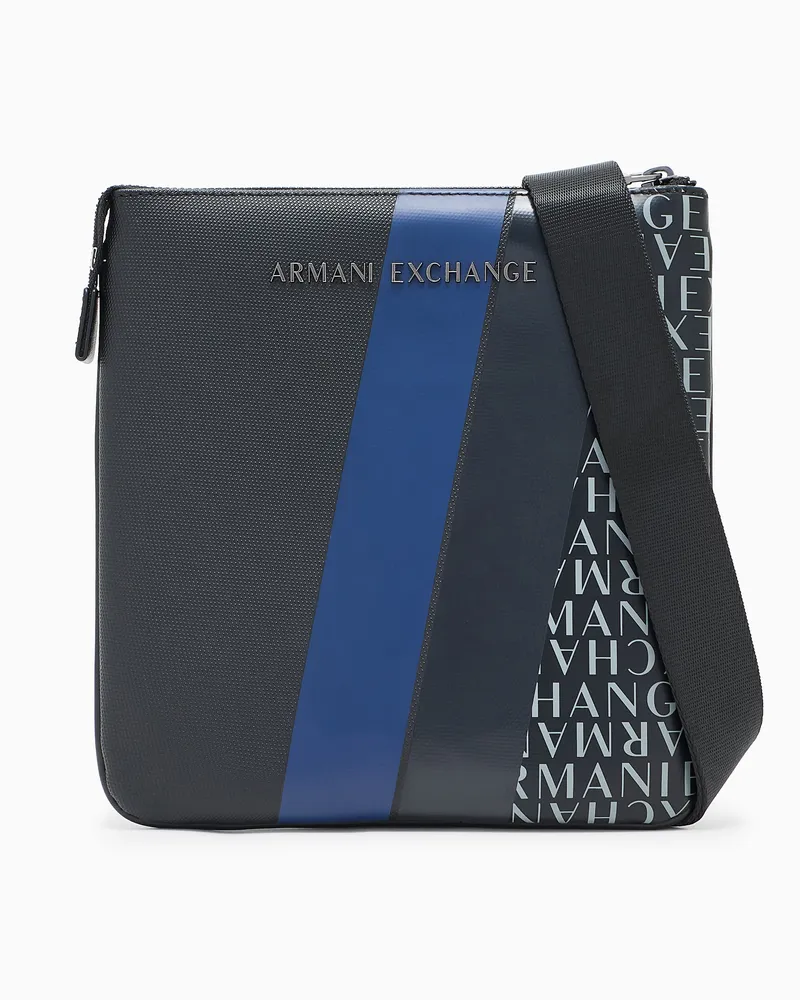 Armani Exchange Flache Umhängetasche mit Monogramm und Streifen Blau