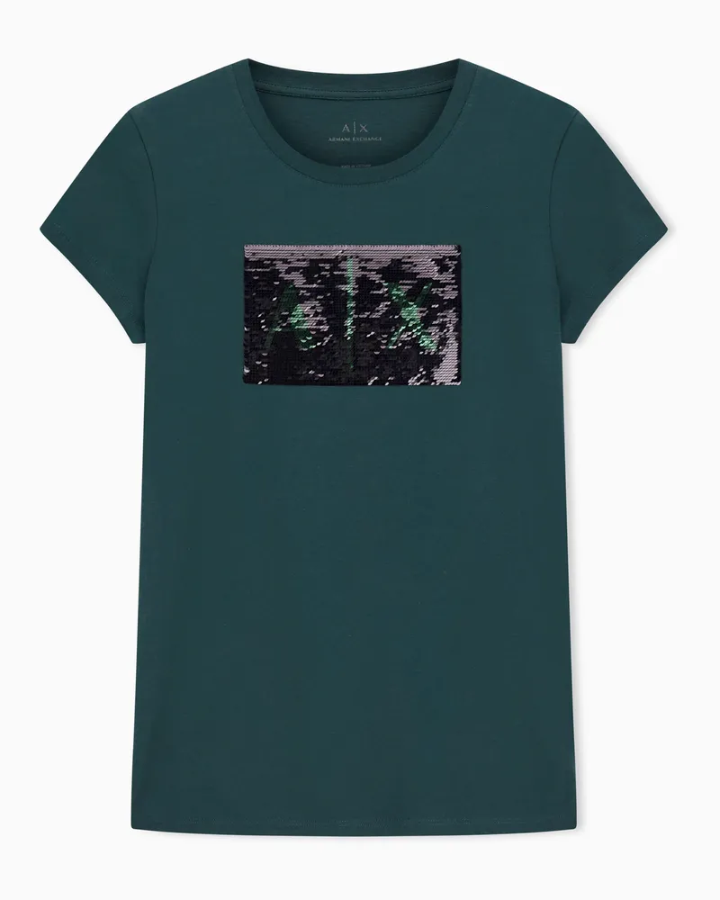 Armani Exchange Schmal geschnittenes T-Shirt mit Strass-Logo Grün