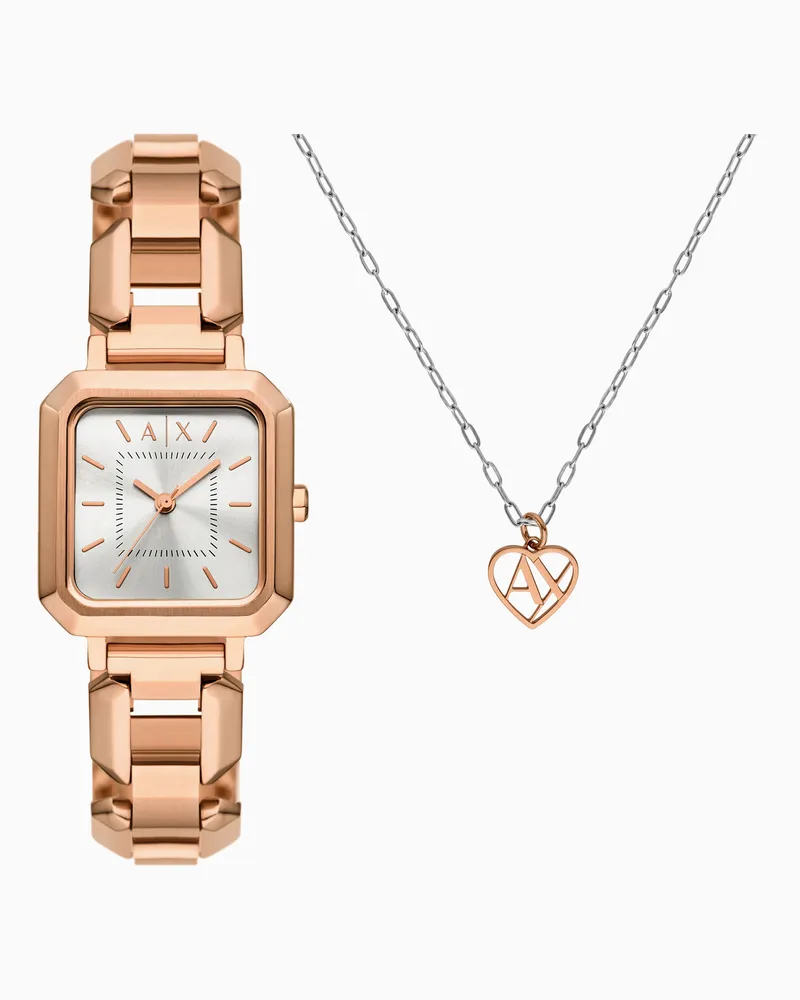Armani Exchange Set aus Kette und Dreizeigeruhr mit Armband aus roségoldfarbenem Edelstahl Mehrfarbig