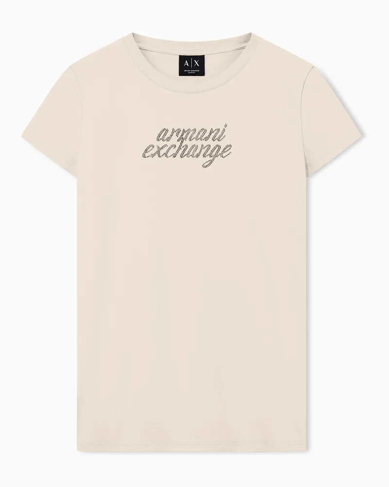 Armani Exchange Slim Fit T-Shirt aus Baumwolljersey mit Strassbesatz Beige