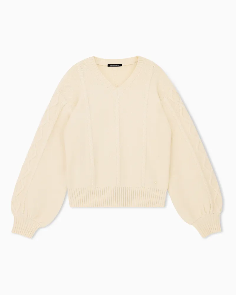Armani Exchange Pullover im Regular Fit mit V-Ausschnitt und Zopfmuster Beige