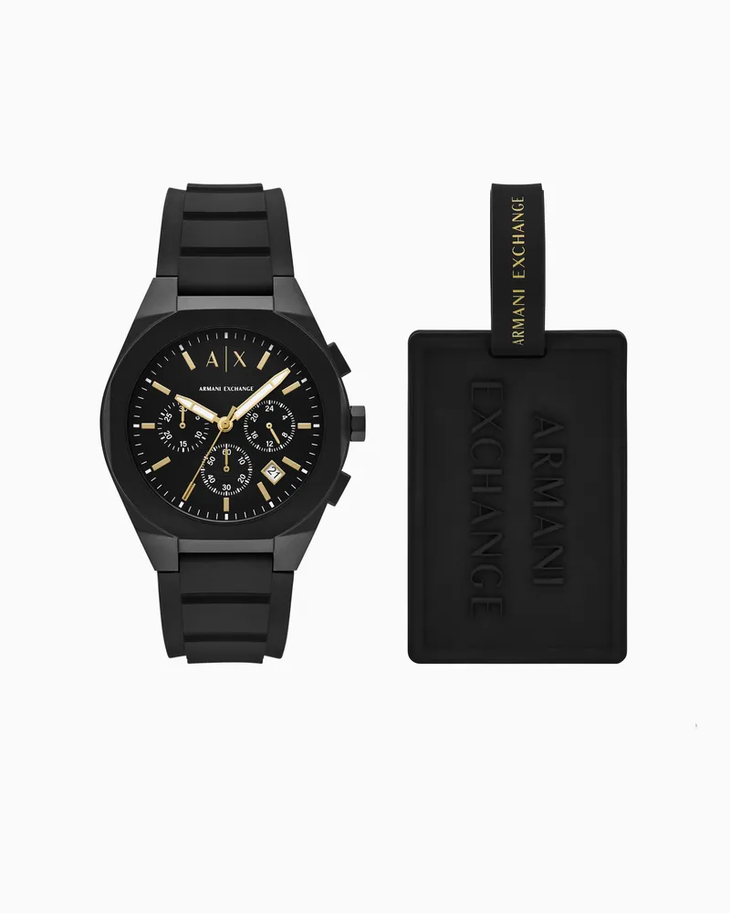 Armani Exchange Schwarzes Set mit Chronograph und Gepäckanhänger aus Silikon Mehrfarbig