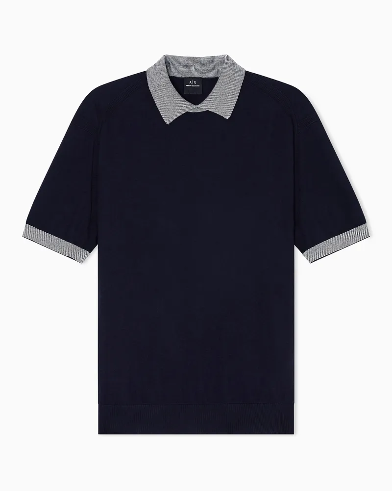 Armani Exchange Gestricktes Poloshirt mit kontrastierenden Profilen Marineblau