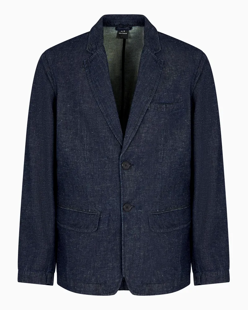 Armani Exchange Einreihiges Sakko aus Baumwolle und Leinen Blau
