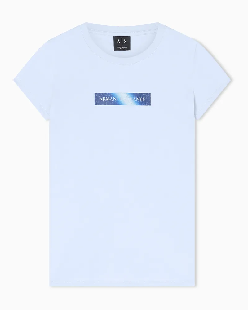 Armani Exchange Schmal geschnittenes T-Shirt aus Stretch-Baumwolljersey Hellblau