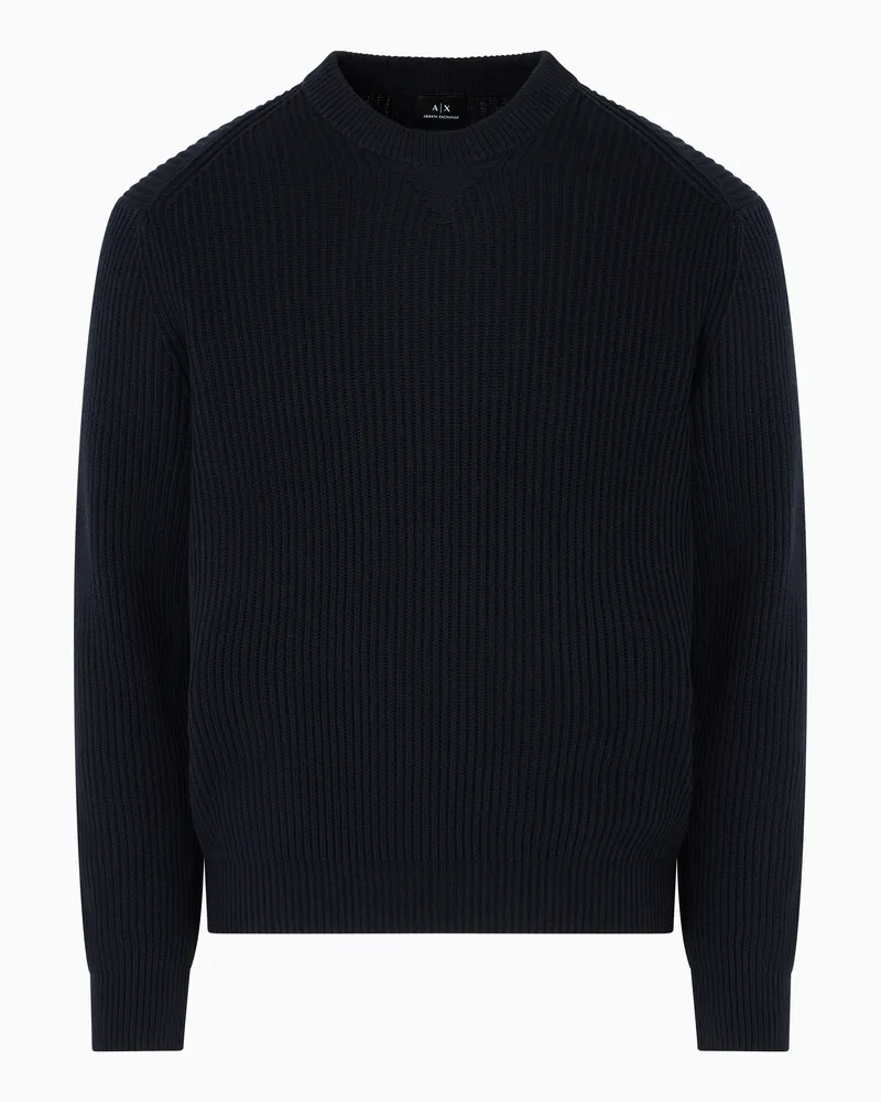 Armani Exchange Gerippter Rundhalspullover aus Baumwolle Marineblau