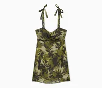 Kurzes Kleid mit Rüschen aus Crinkle-Viskose und Print