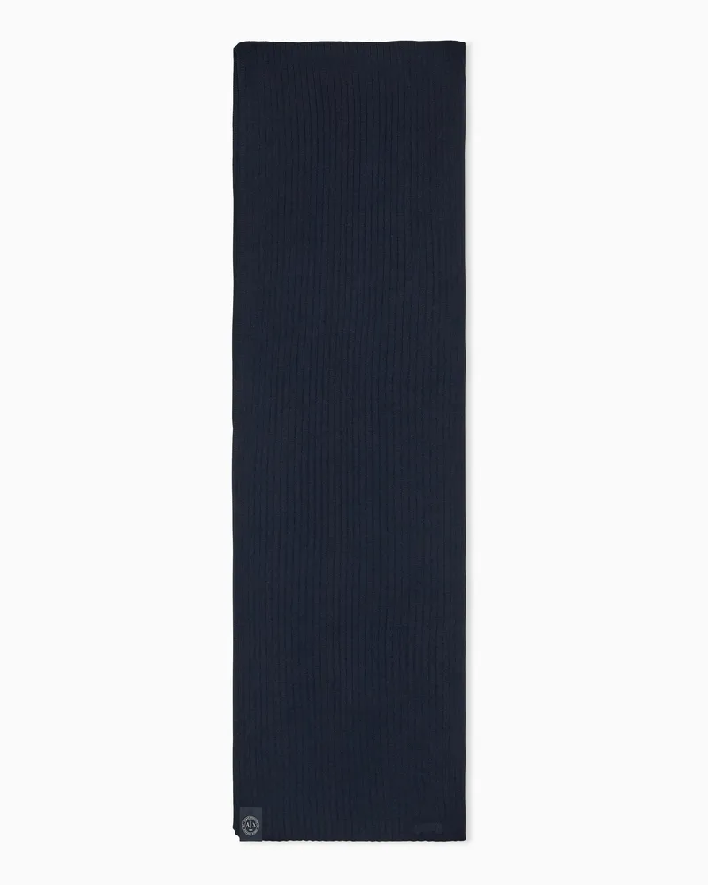 Armani Exchange Rippstrickschal aus Schurwolle und Baumwolle mit Logopatch Marineblau