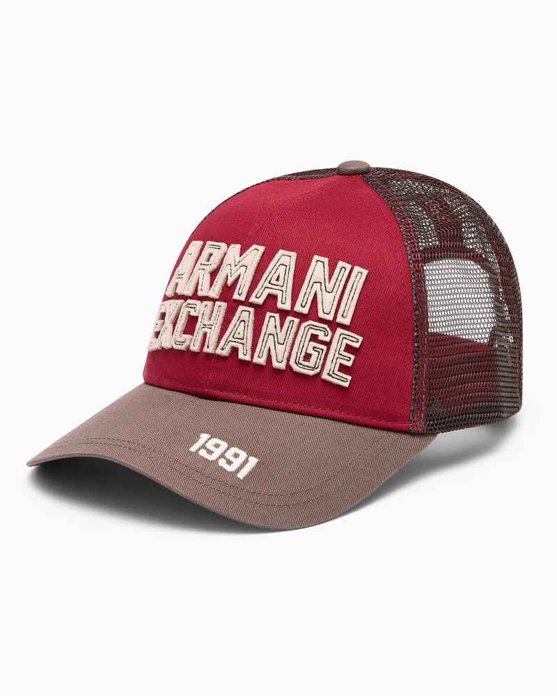 Armani Exchange Trucker-Kappe aus Baumwolltwill mit gesticktem Schriftzug Rot
