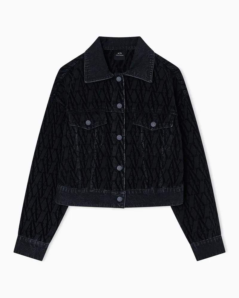 Armani Exchange TONE ON TONE CROPPED ALL OVER LOGO DENIM JACKET Schwarz