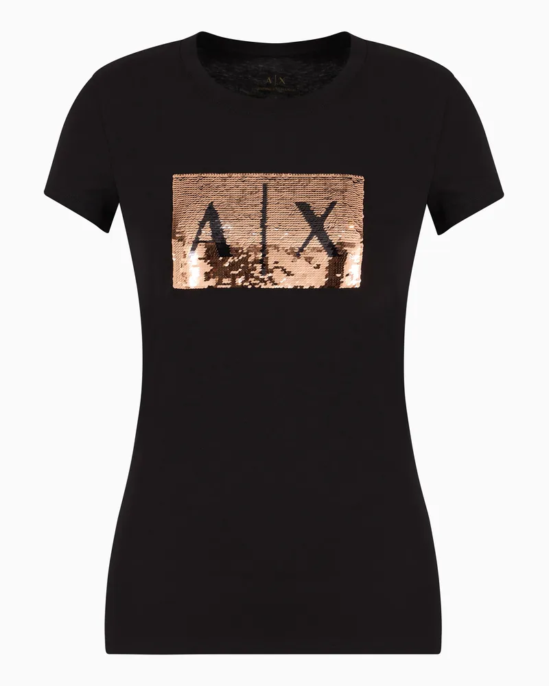 Armani Exchange Schmal geschnittenes T-Shirt mit Strass-Logo Schwarz