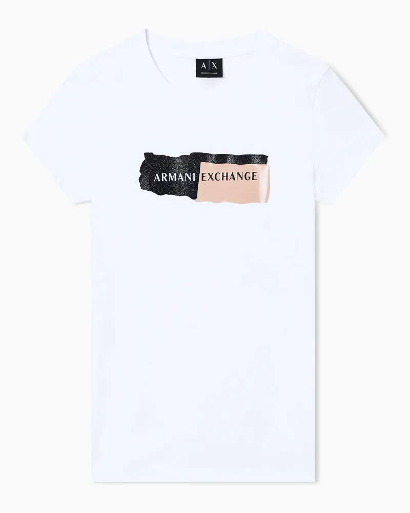 Armani Exchange Schmal geschnittenes T-Shirt aus Stretch-Baumwolljersey Weiß