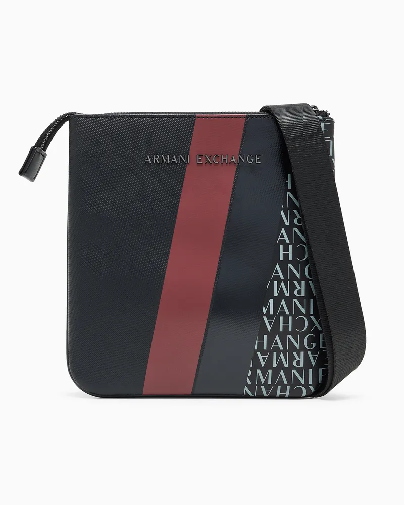 Armani Exchange Flache Umhängetasche mit Monogramm und Streifen Schwarz