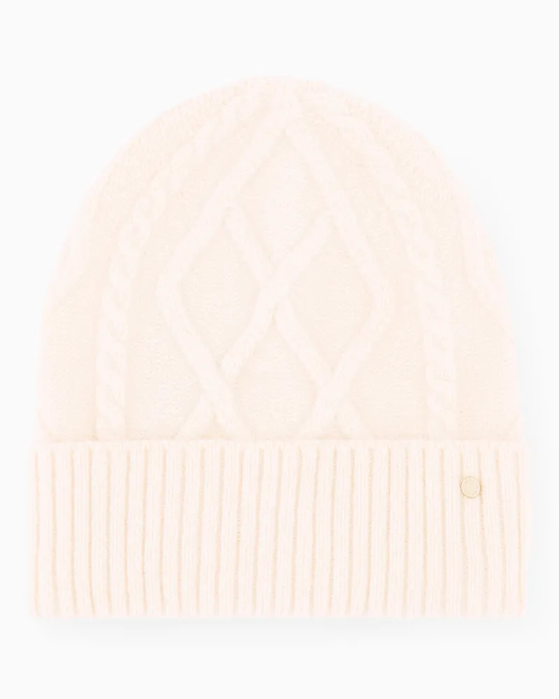 Armani Exchange Beanie mit Zopfmuster und geripptem Umschlag aus Wolle Beige