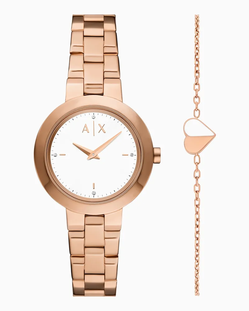 Armani Exchange Geschenkset mit einer Zweizeigeruhr und einem Armband aus roségoldfarbenem Edelstahl Mehrfarbig