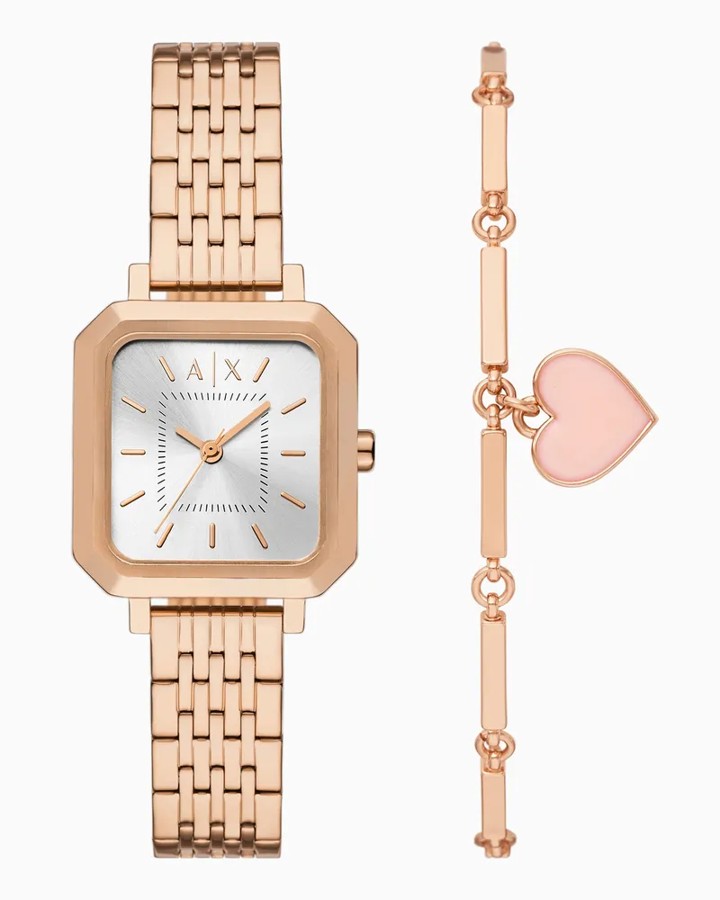 Armani Exchange Three-Hand Rose Gold-Tone Stainless Steel Watch and Bracelet Set Mehrfarbig