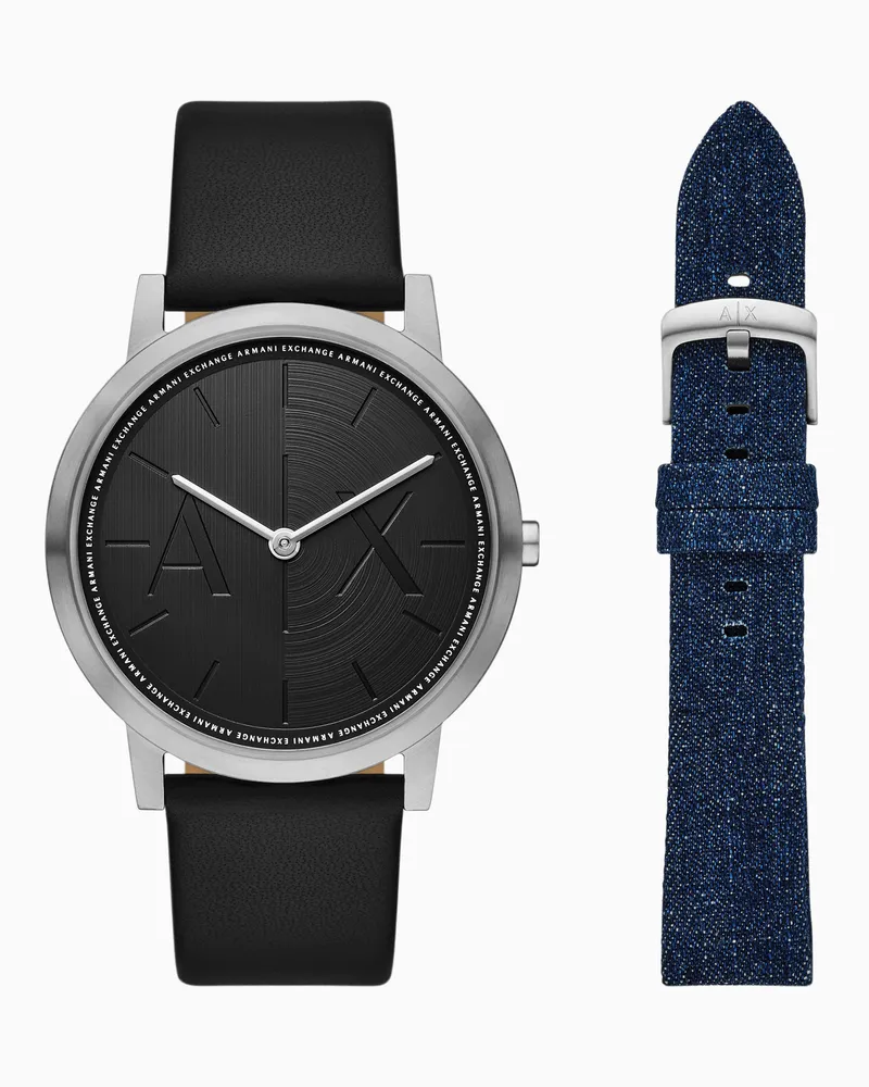 Armani Exchange Zweizeigeruhr aus schwarzem Leder- und Denim-Armband Mehrfarbig