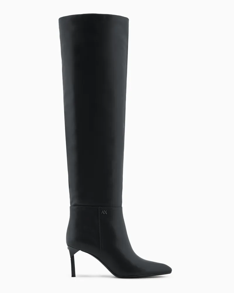 Armani Exchange BLACK HIGH HEEL KNEE HIGH LOGO BOOTS Schwarz