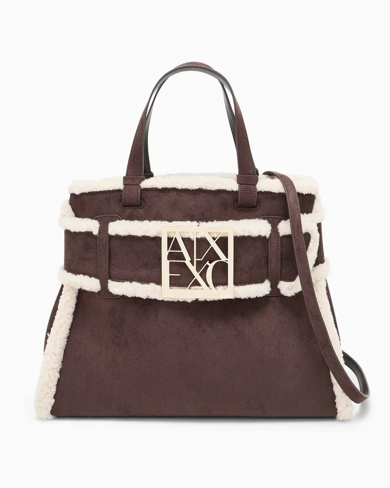 Armani Exchange Shopper in Wildlederoptik mit Webpelzbesatz Braun