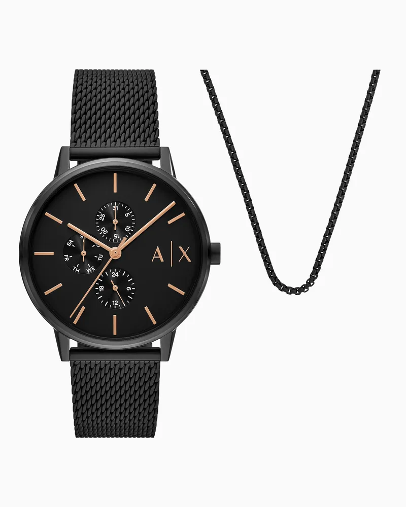 Armani Exchange Multifunction Black Stainless Steel Watch and Necklace Set Mehrfarbig