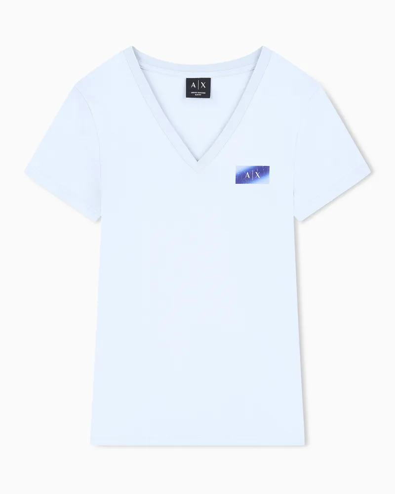 Armani Exchange Schmal geschnittenes T-Shirt aus einfarbigem Baumwolljersey Hellblau