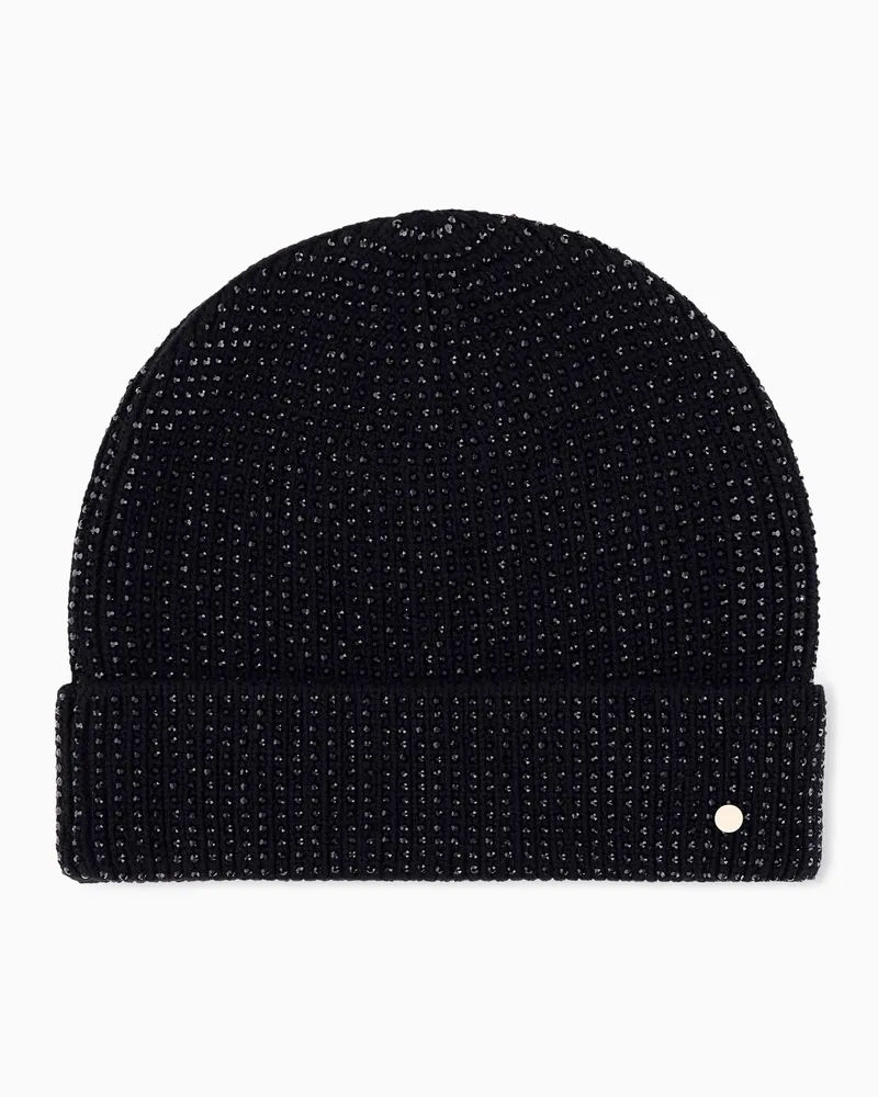 Armani Exchange Beanie Up for Party aus gerippter Schurwolle mit Strass Schwarz