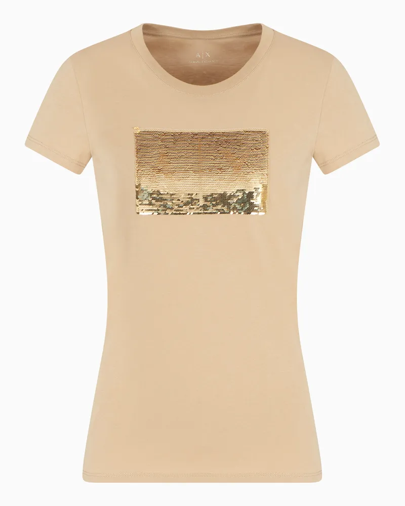 Armani Exchange Schmal geschnittenes T-Shirt mit Strass-Logo Kamel