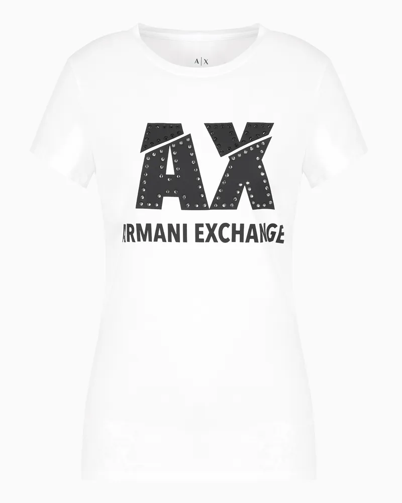 Armani Exchange Schmal geschnittenes T-Shirt mit Strass-Logo Weiß