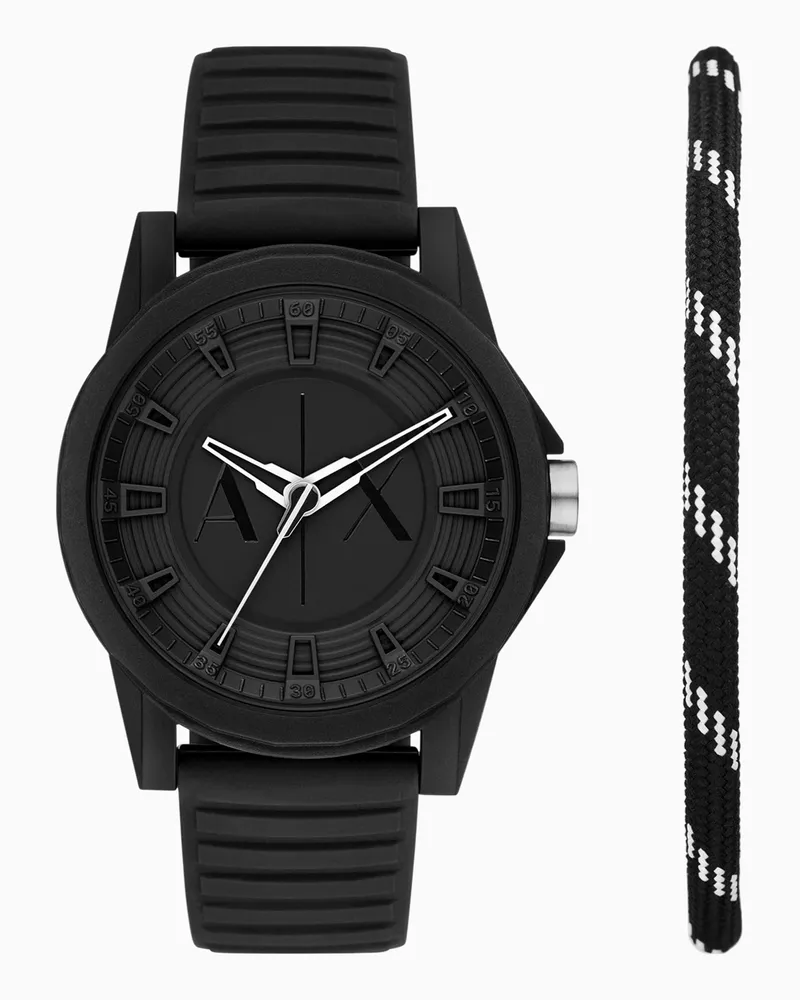 Armani Exchange Dreizeiger-Set aus schwarzer Silikonuhr und Armband Mehrfarbig