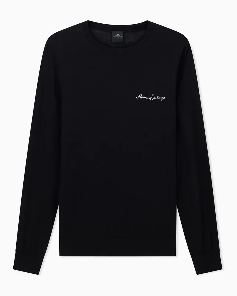 Armani Exchange Rundhalspullover aus Wollmischung mit Logo auf der Brust Schwarz