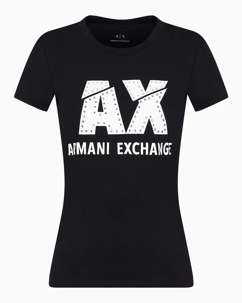 Armani Exchange Schmal geschnittenes T-Shirt mit Strass-Logo Schwarz