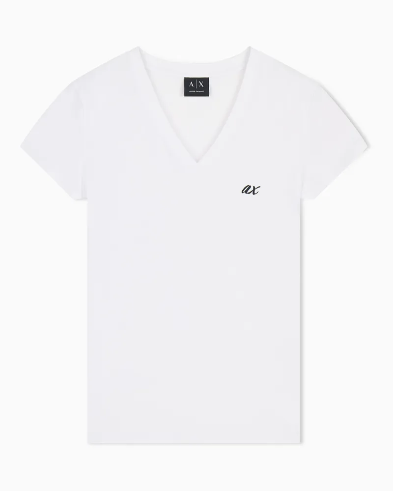 Armani Exchange T-Shirt schmaler Schnitt mit V-Ausschnitt aus Baumwolljersey Weiß