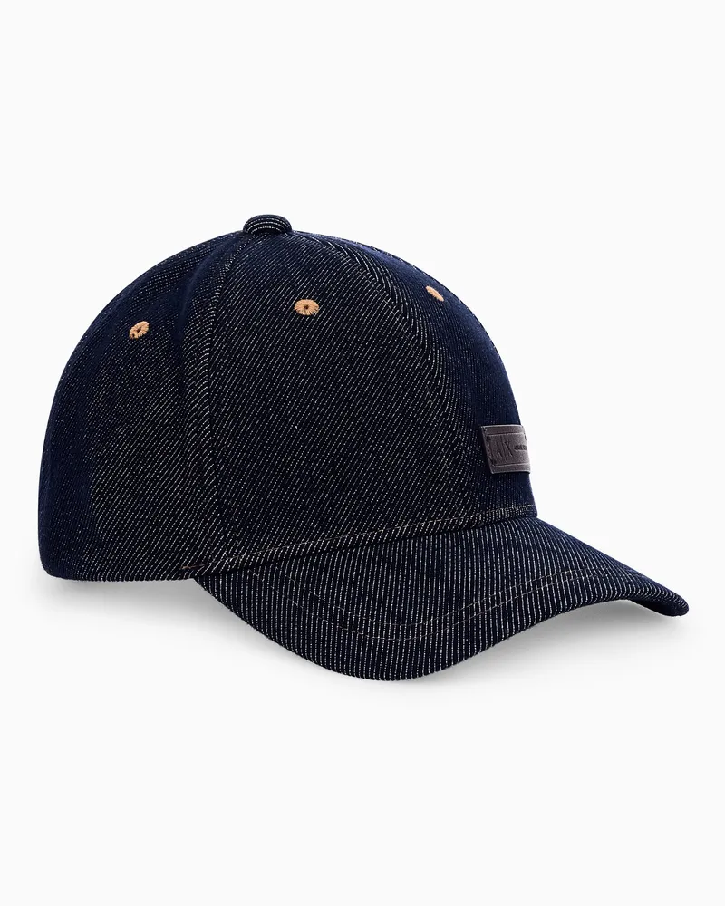 Armani Exchange Baseballkappe aus Baumwoll-Stretch-Denim mit Lederaufnäher Blau