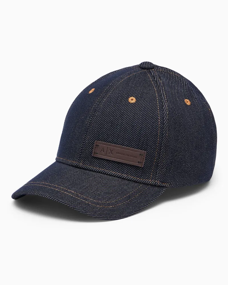 Armani Exchange Baseballkappe aus Baumwoll-Stretch-Denim mit Lederaufnäher Blau