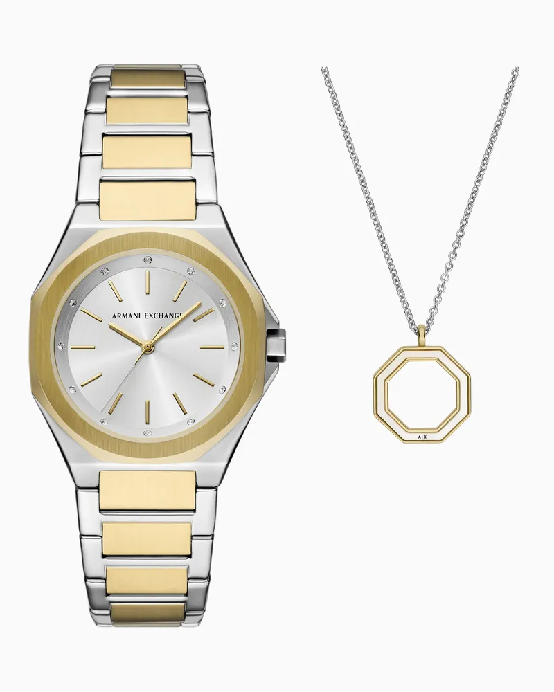 Armani Exchange Three-Hand Two-Tone Stainless Steel Watch and Necklace Set Mehrfarbig