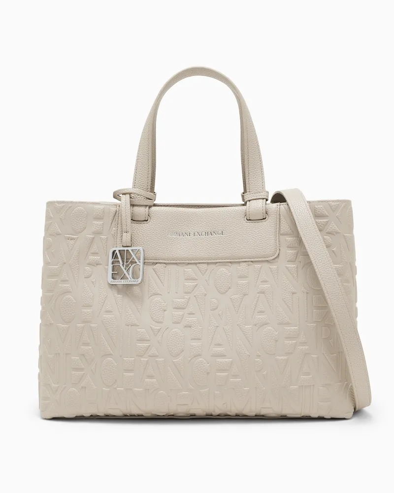 Armani Exchange Shopper Tote M geprägtes Muster metallischer Logoanhänger Weiß