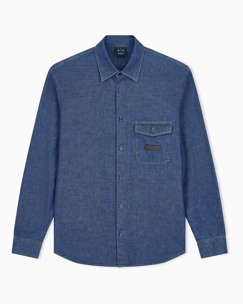 Armani Exchange Denimhemd in Oversize-Passform aus Baumwolle mit Brusttasche Blau