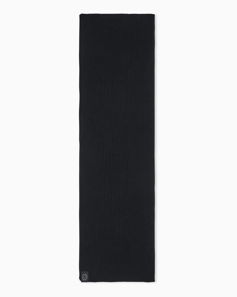 Armani Exchange Rippstrickschal aus Schurwolle und Baumwolle mit Logopatch Schwarz