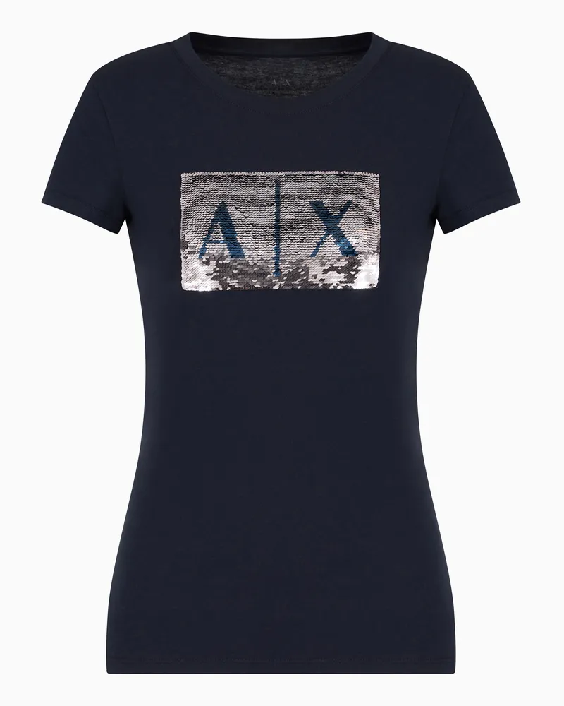 Armani Exchange Schmal geschnittenes T-Shirt mit Strass-Logo Marineblau