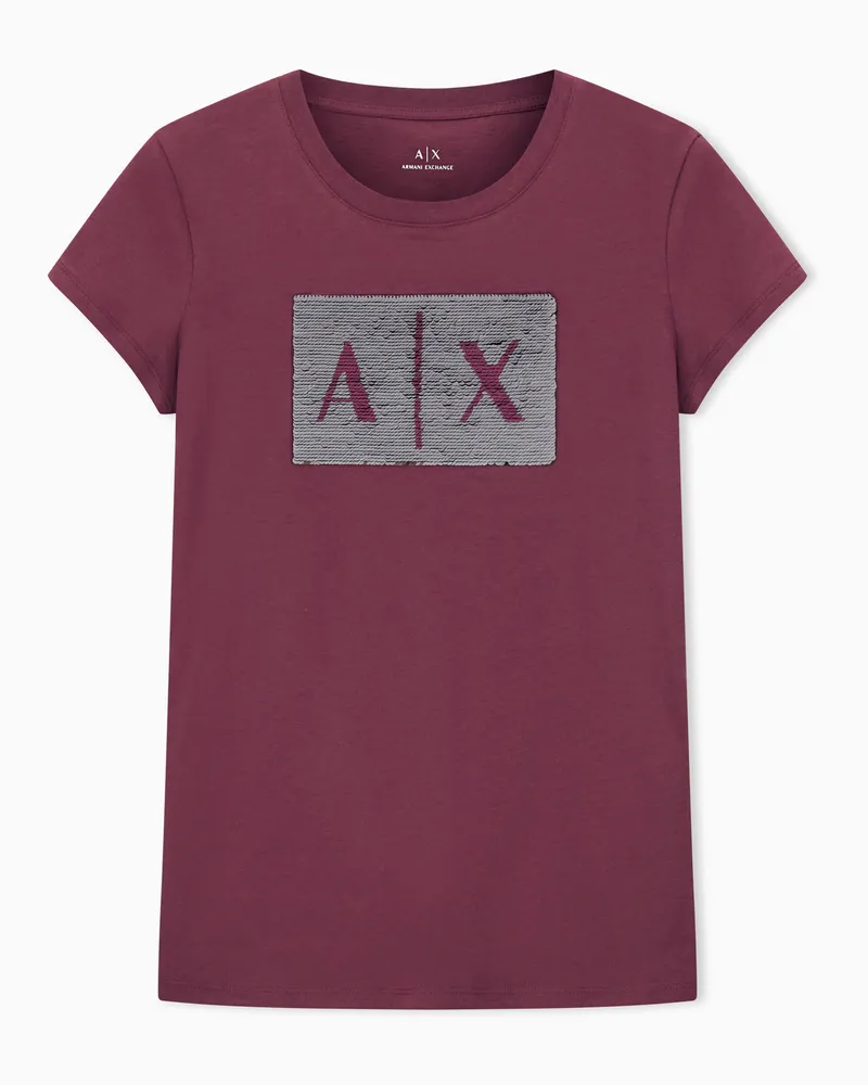 Armani Exchange Schmal geschnittenes T-Shirt mit Strass-Logo Burgunderrot