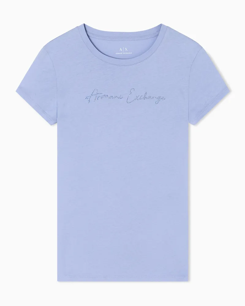 Armani Exchange Slim Fit T-Shirt mit Glitzer-Logo Hellblau