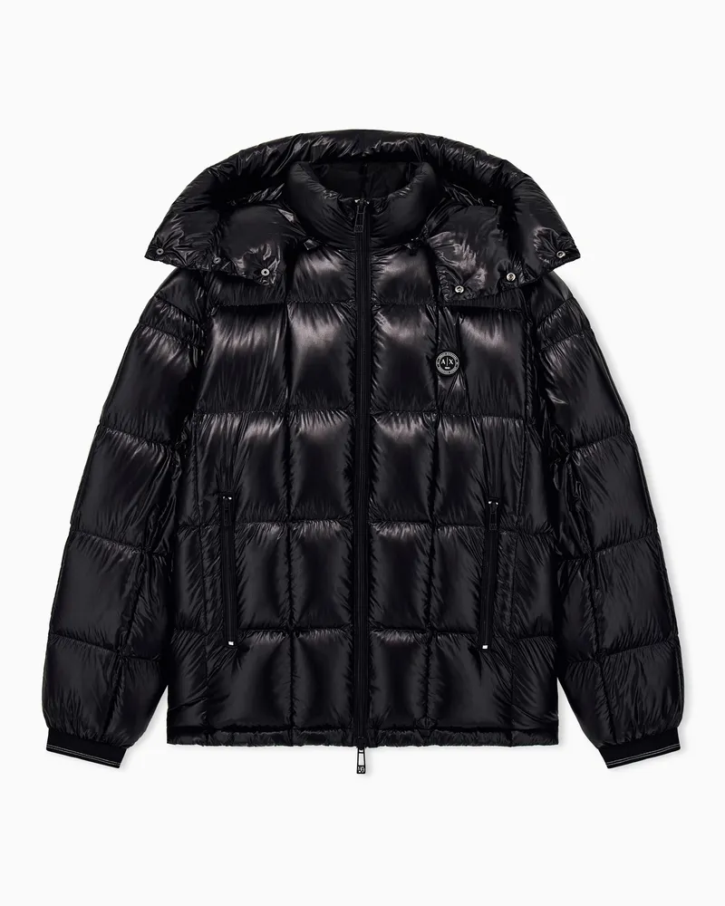 Armani Exchange Daunenjacke Regular Fit aus glänzendem Nylon mit Kapuze Schwarz